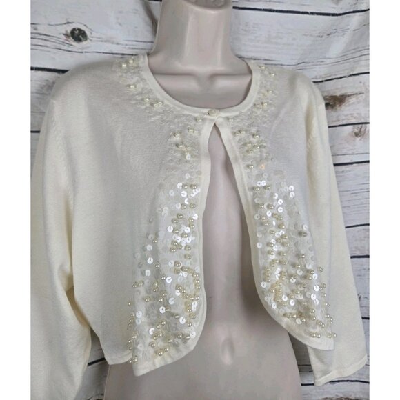 Vintage Eva Blue Ivory Beaded Sweater Cardigan XL Cropped Coquette Sequins - Picture 2 of 7